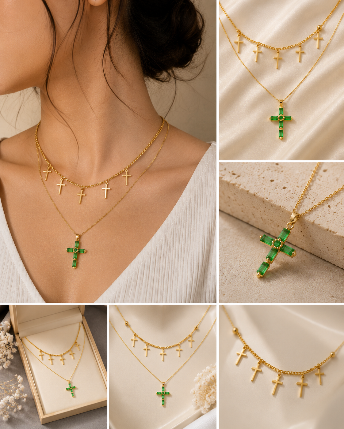 Stainless Steel Multi-Cross Layered Necklace & Earring Set