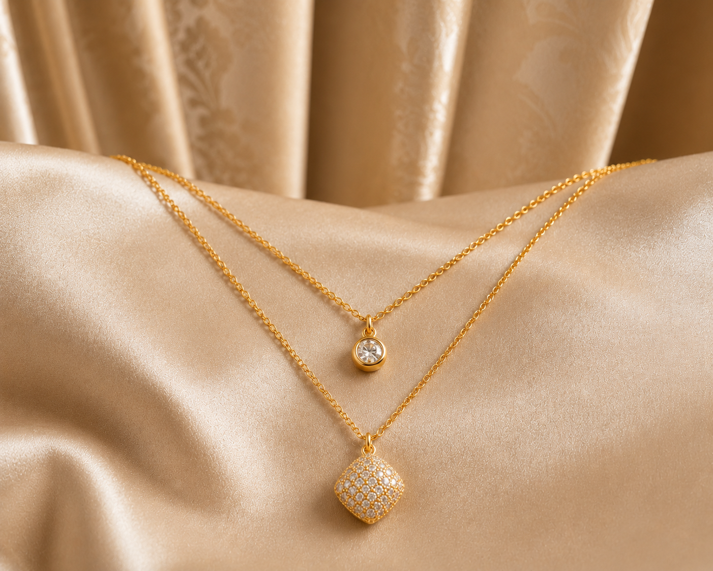 Dual-Layer Solitaire & Pavé Charm Necklace