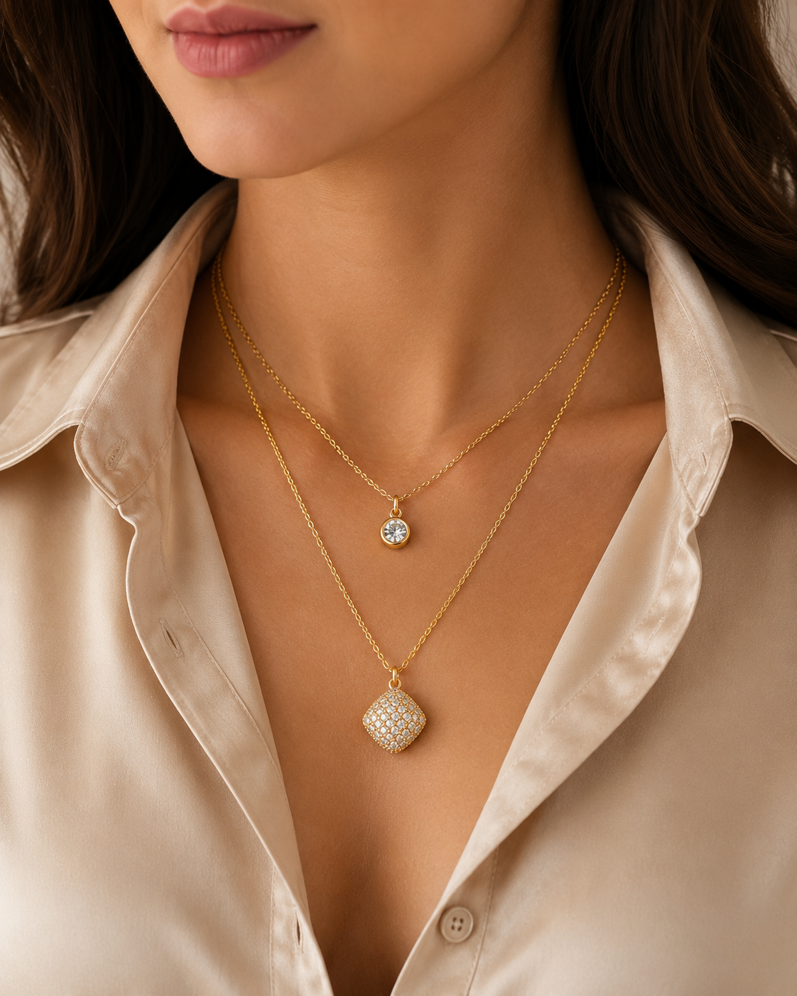 Dual-Layer Solitaire & Pavé Charm Necklace