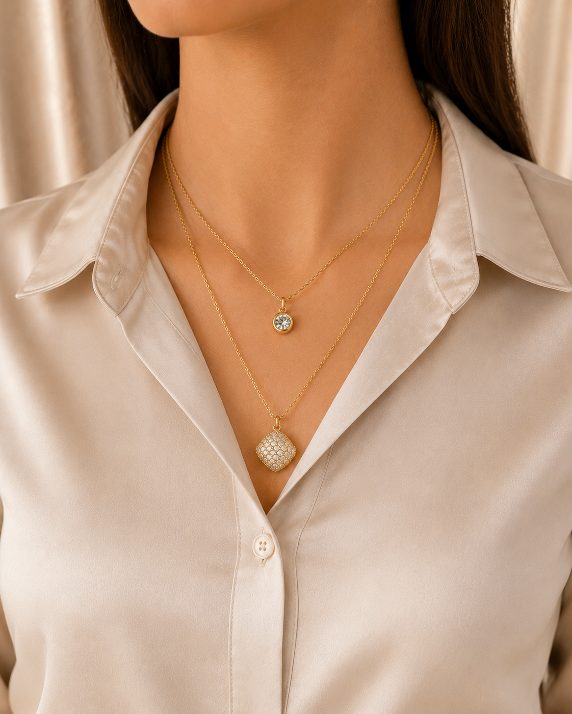 Dual-Layer Solitaire & Pavé Charm Necklace