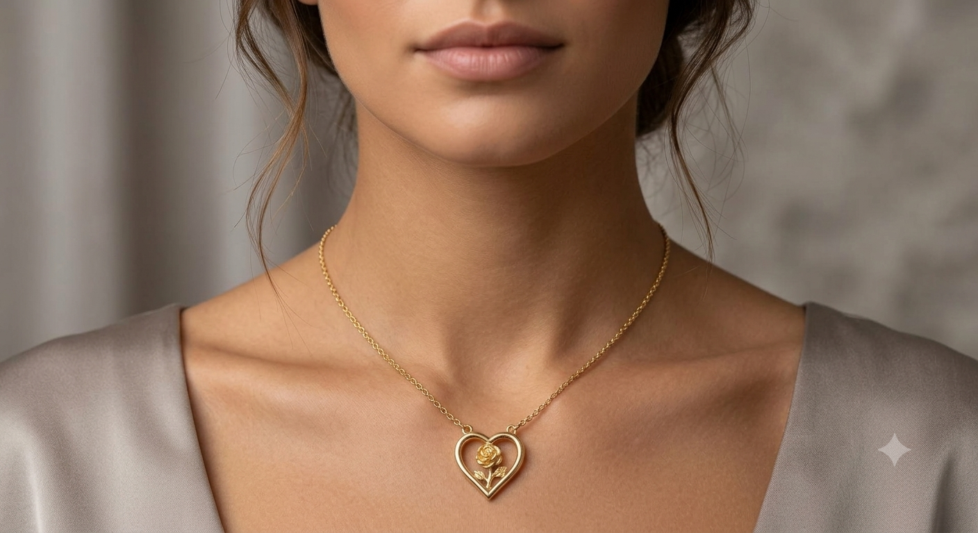 Golden Rose-in-Heart Pendant Necklace