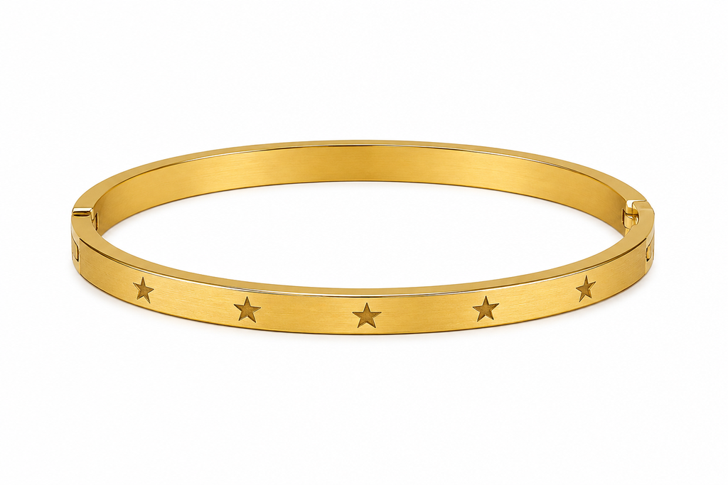 Gold Plated Celestial Star Bangle | Engraved Star Motif Hinged Cuff