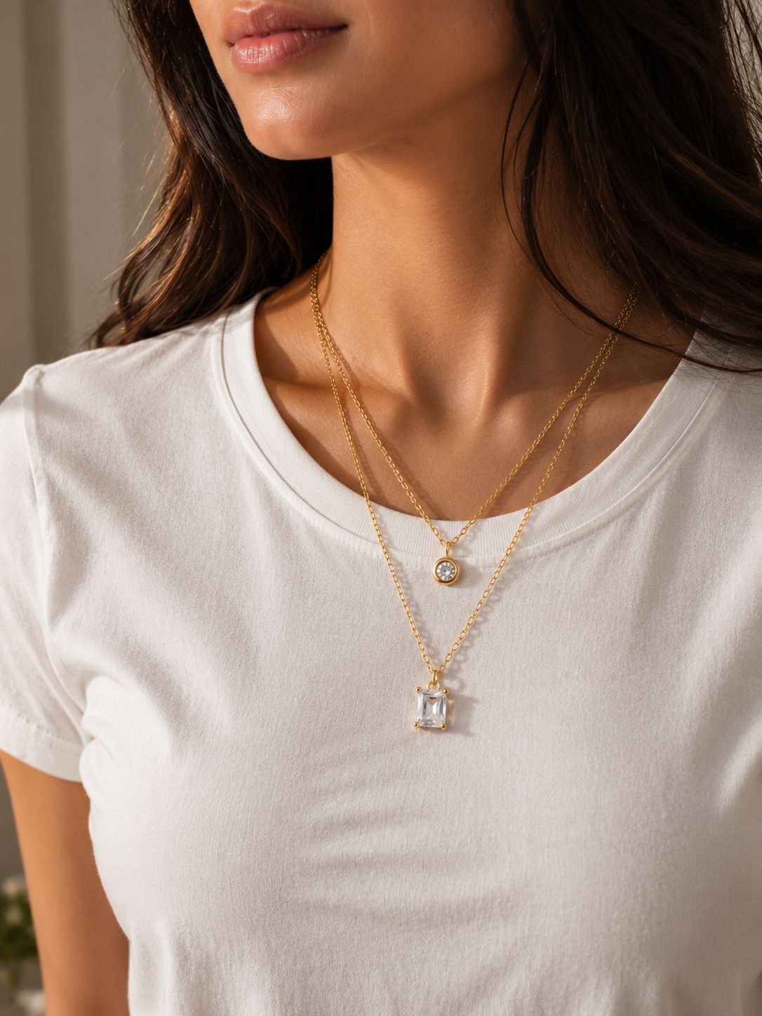 Layered Emerald-Cut Solitaire Crystal Necklace