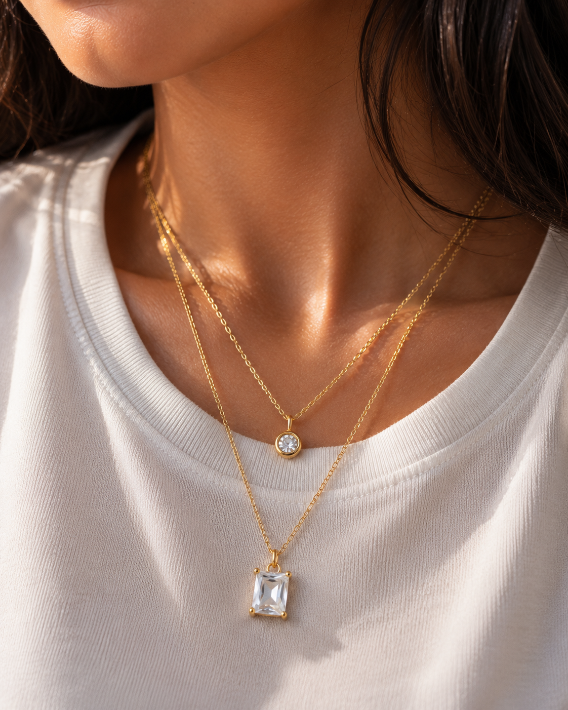 Layered Emerald-Cut Solitaire Crystal Necklace