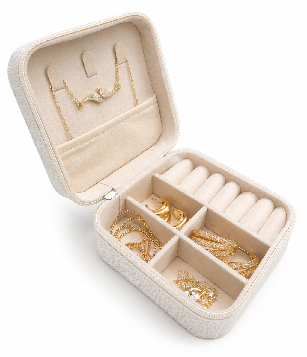 Luxury Travel Jewelry Organizer Box – Portable Zipper Storage Case for Rings, Earrings, Necklaces & Bracelets