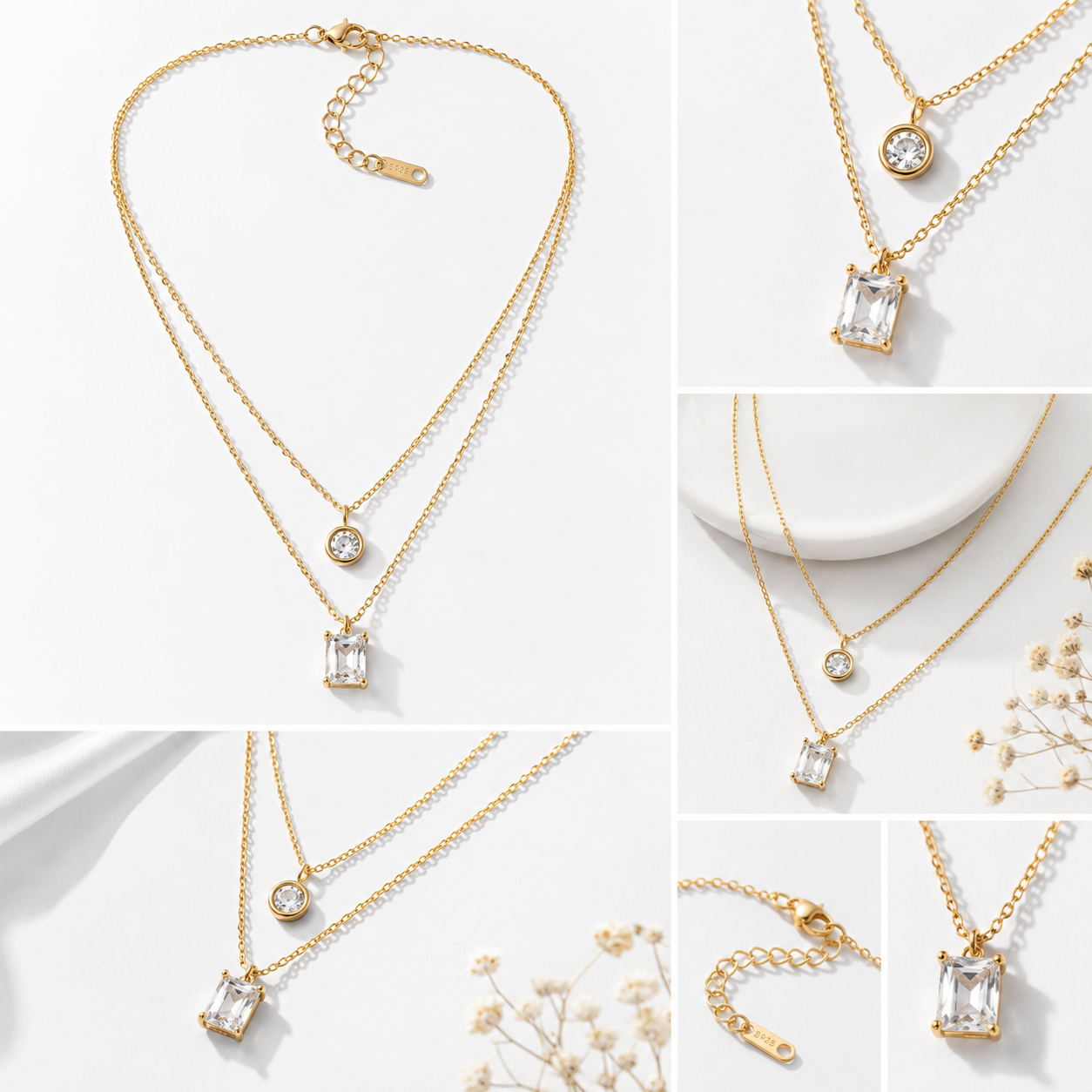 Layered Emerald-Cut Solitaire Crystal Necklace