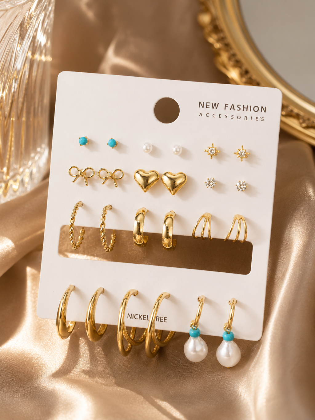 Aesthetic Gold Earring Set – Combo Pack of Studs, Hoops & Pearl Huggies