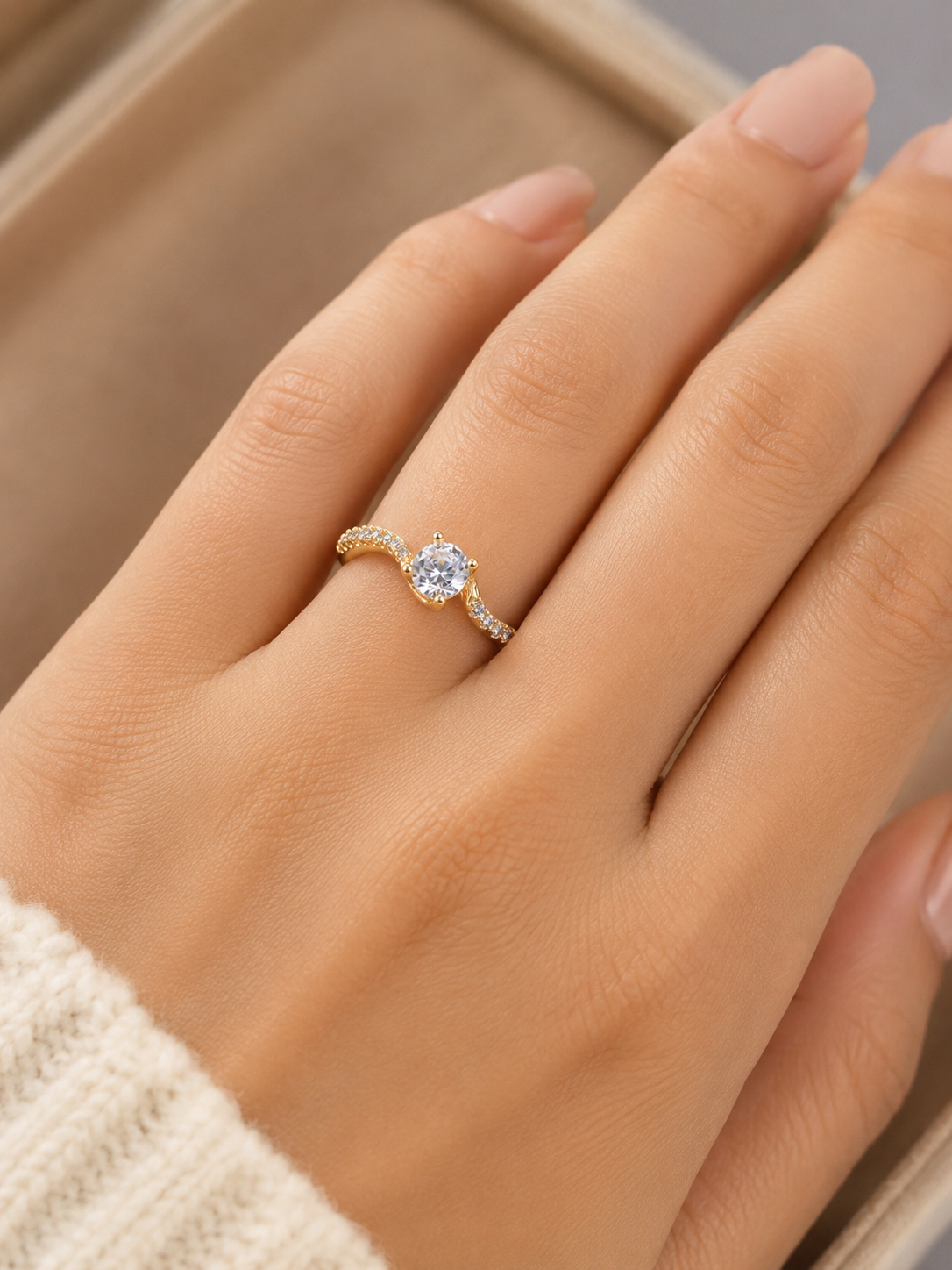 Classic Round Solitaire Gold Ring | Pavé Accented Bypass Promise Ring