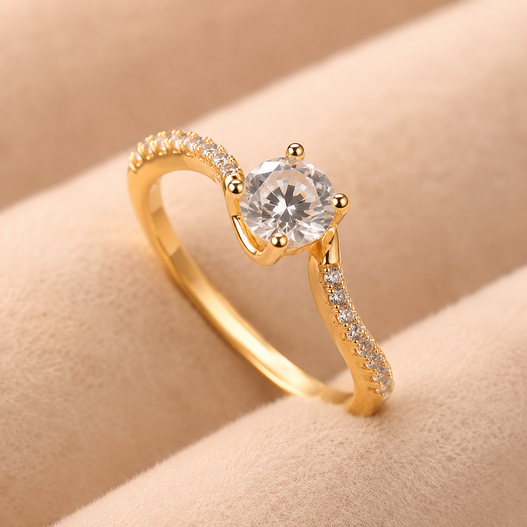 Classic Round Solitaire Gold Ring | Pavé Accented Bypass Promise Ring