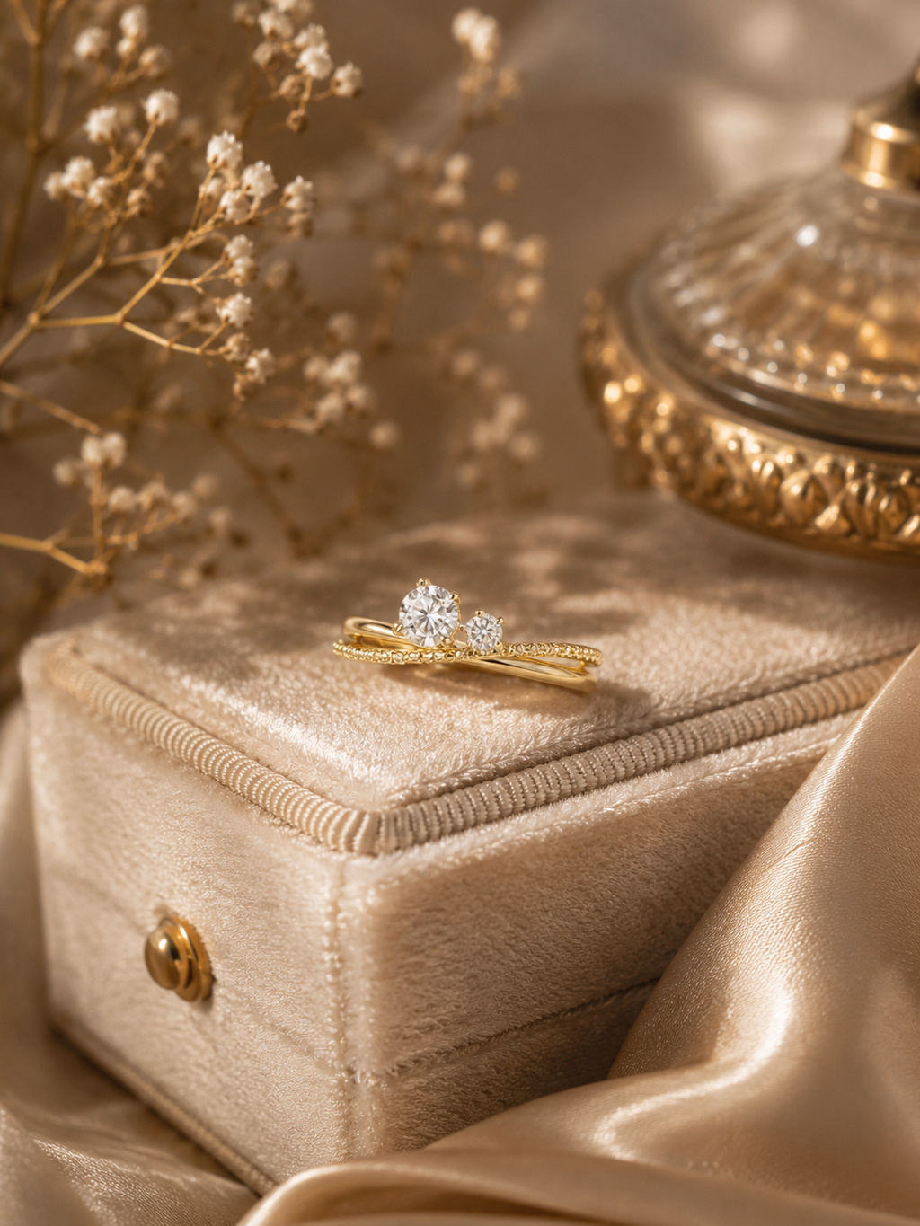 Gold Plated Double Stone Zircon Ring for Women – Adjustable Layered Solitaire Ring