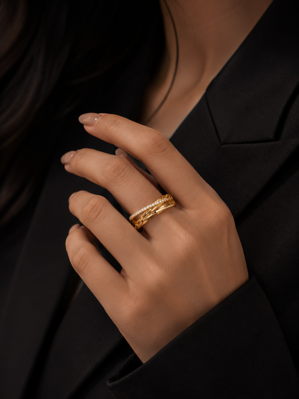 Gold Plated Interlocking Chain Ring for Women – Adjustable Pavé CZ Fashion Ring