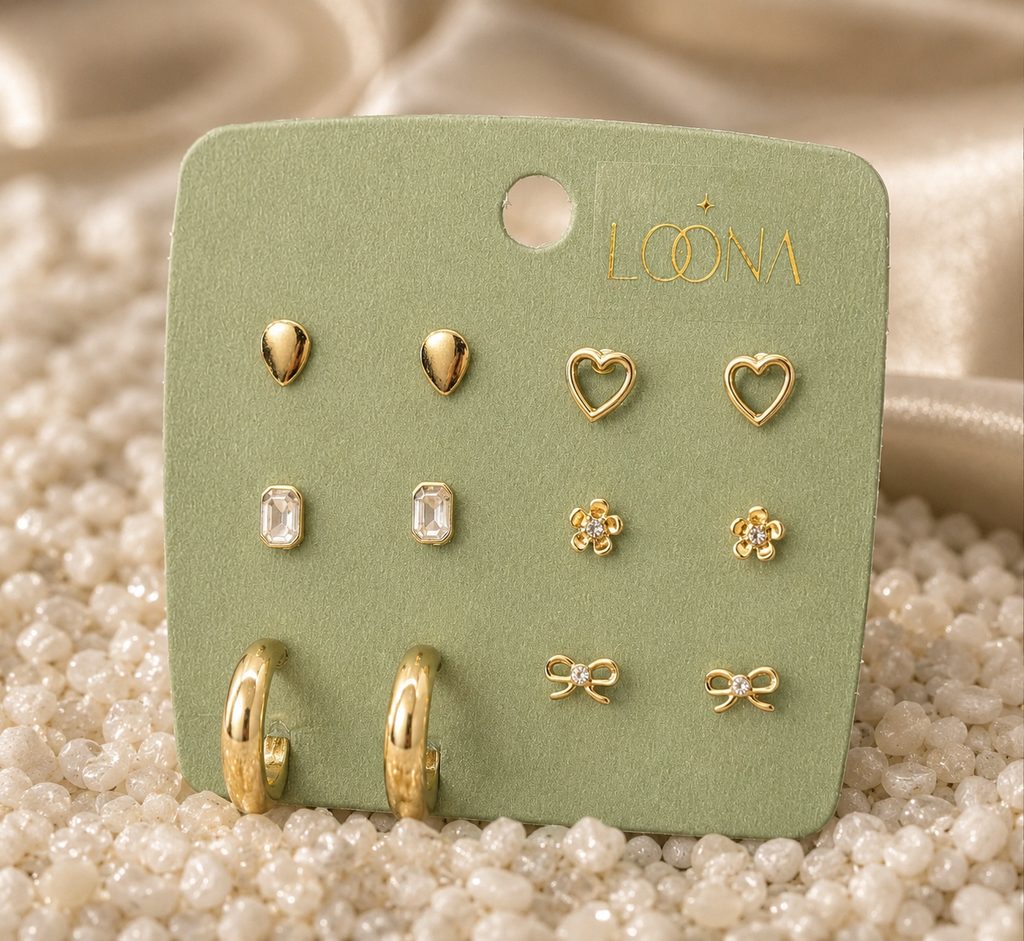 Aesthetic Gold Earring Combo Set – 6 Pairs of Studs, Bows & Chunky Hoops