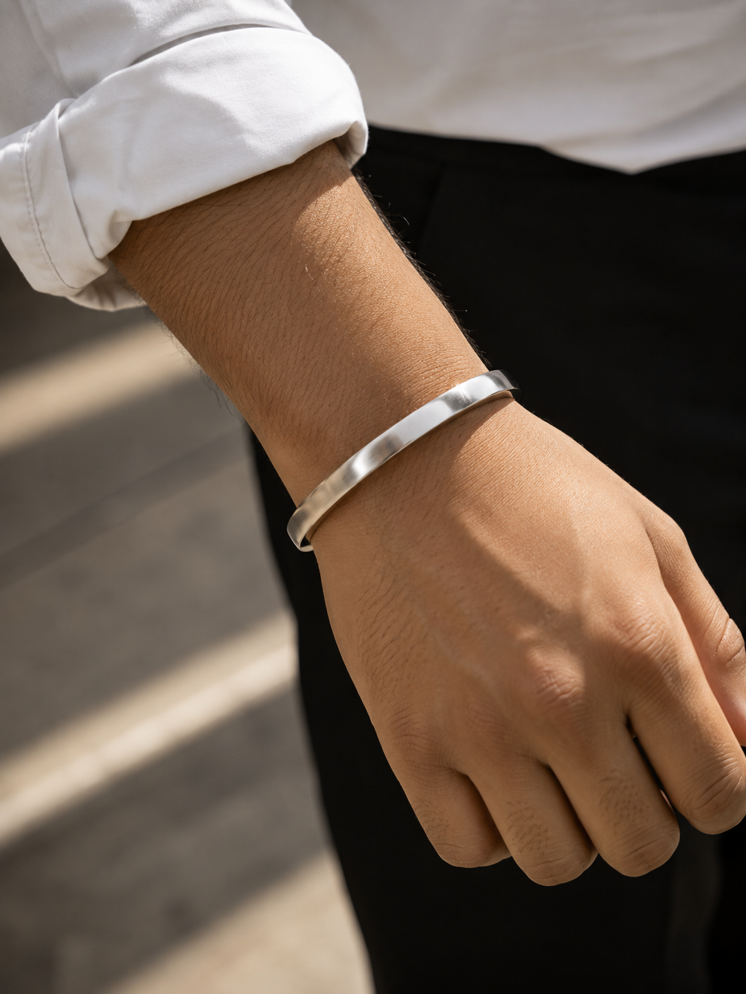 Minimalist Flat-Edge Brushed Silver Bangle | Sleek Hinged Cuff