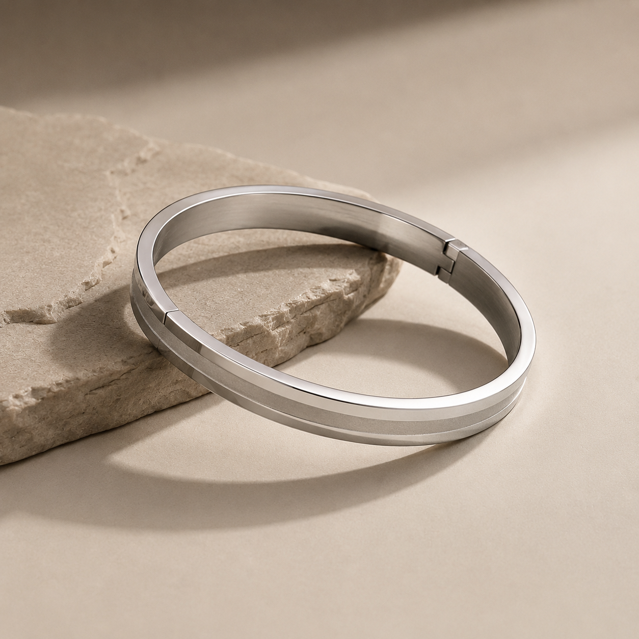 Sleek Silver Dual-Finish Bangle Bracelet | Matte & Polish Hinged Cuff