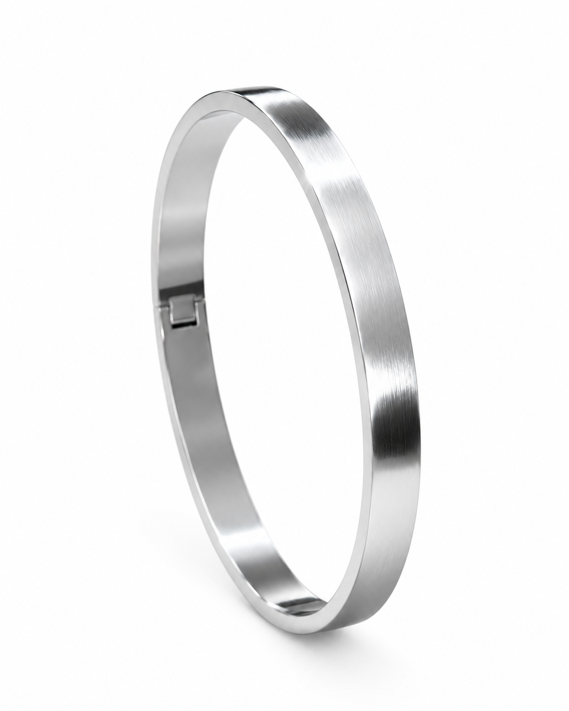 Minimalist Flat-Edge Brushed Silver Bangle | Sleek Hinged Cuff