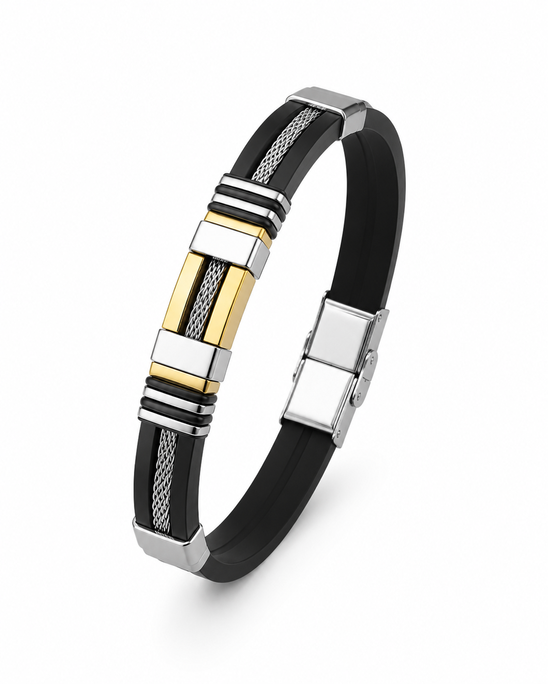 Men's Stainless Steel & Black Silicone Bracelet – Two-Tone Wire Mesh Wristband