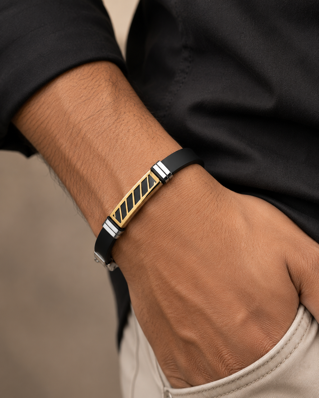 Men's Stainless Steel & Silicone Bracelet – Two-Tone Diagonal Stripe ID Bracelet