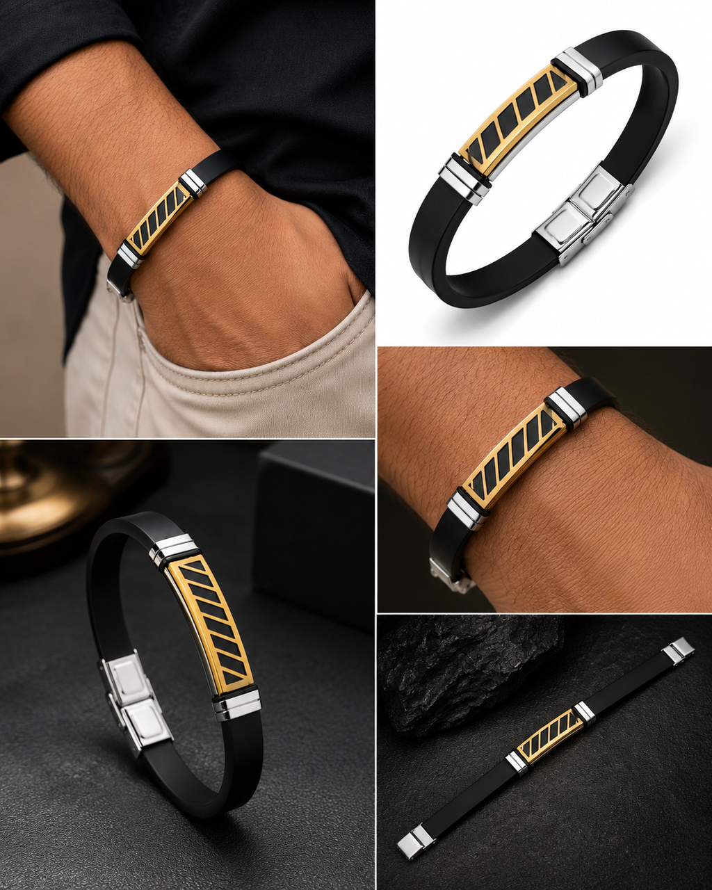 Men's Stainless Steel & Silicone Bracelet – Two-Tone Diagonal Stripe ID Bracelet