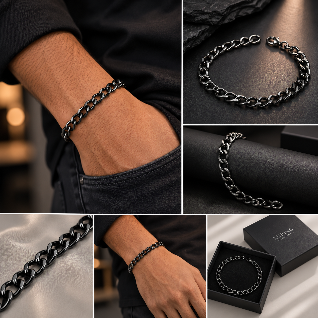 Stealth Black Curb Link Bracelet | Men's Stainless Steel Chain Wristband