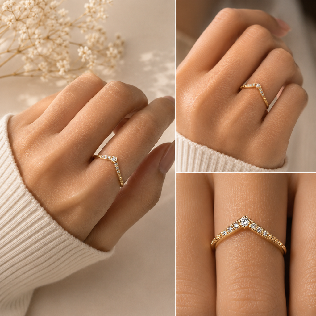Elegant Gold Chevron Wishbone Ring | Pavé Zircon Stacking Ring