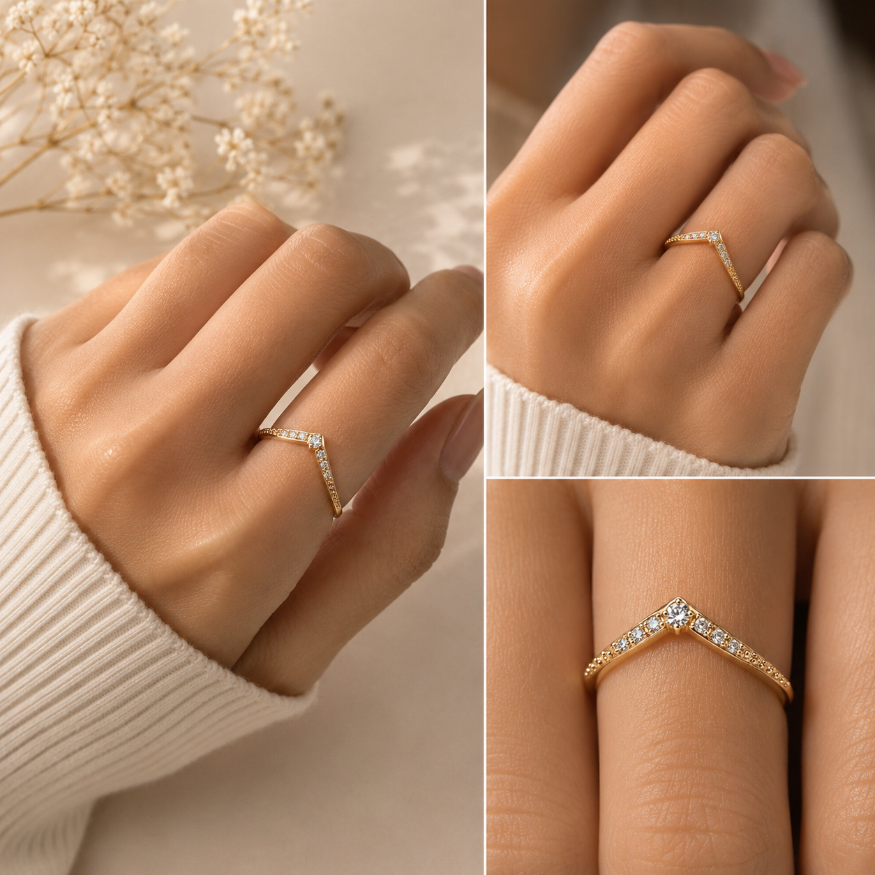 Elegant Gold Chevron Wishbone Ring | Pavé Zircon Stacking Ring