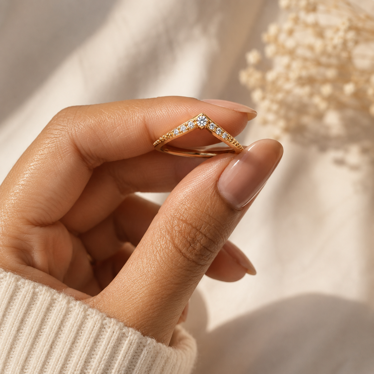 Elegant Gold Chevron Wishbone Ring | Pavé Zircon Stacking Ring
