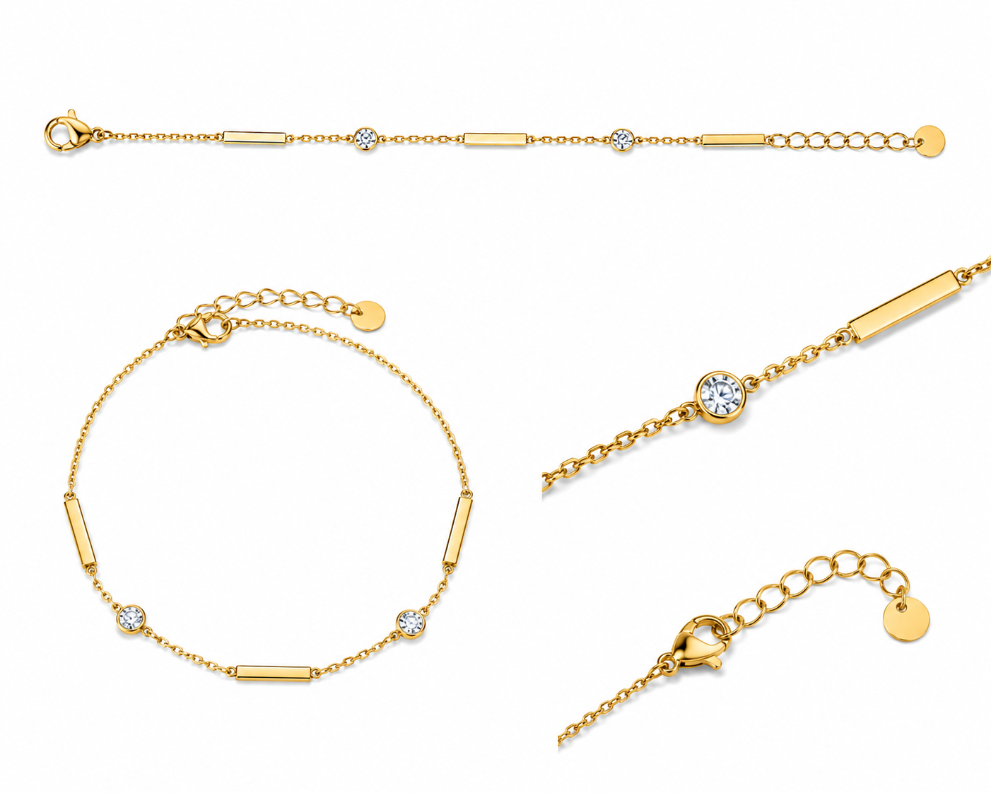Dainty Gold Bar & Crystal Station Bracelet | Elegant Layering Chain Wristband