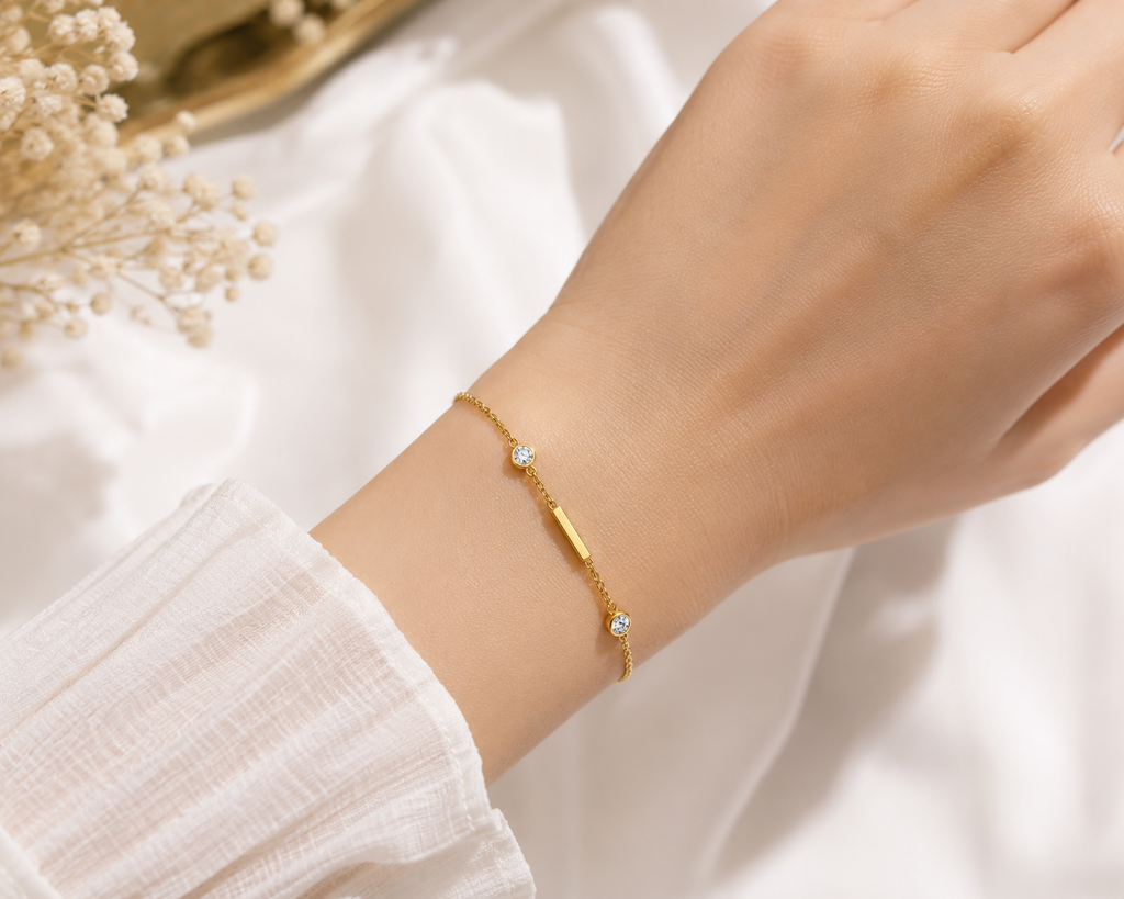 Dainty Gold Bar & Crystal Station Bracelet | Elegant Layering Chain Wristband