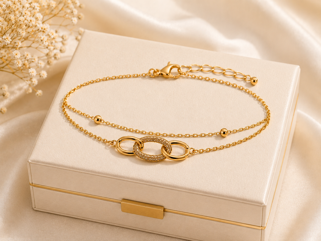 Double-Layer Gold Interlocking Oval Bracelet | Pavé CZ Layered Chain