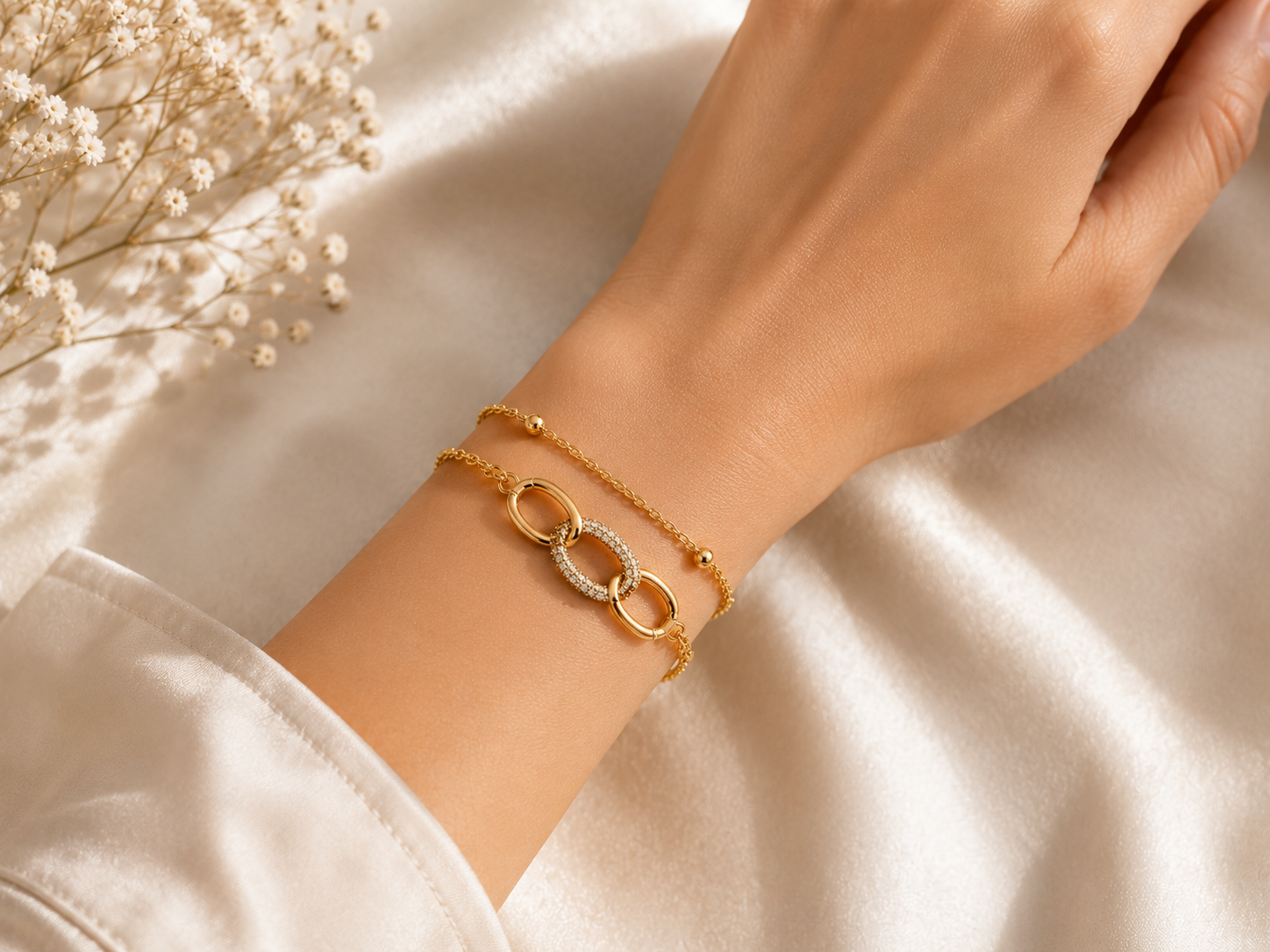 Double-Layer Gold Interlocking Oval Bracelet | Pavé CZ Layered Chain