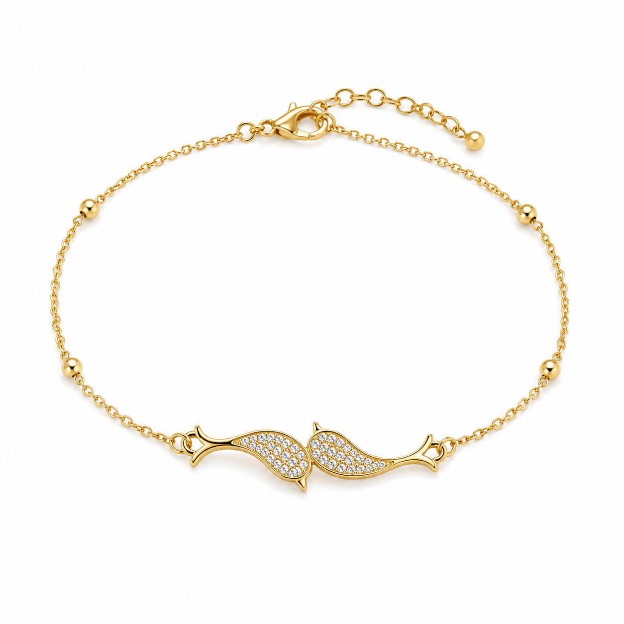 18k Gold Plated Double Fish / Dolphin Bracelet for Women – Anti-Tarnish Adjustable Chain