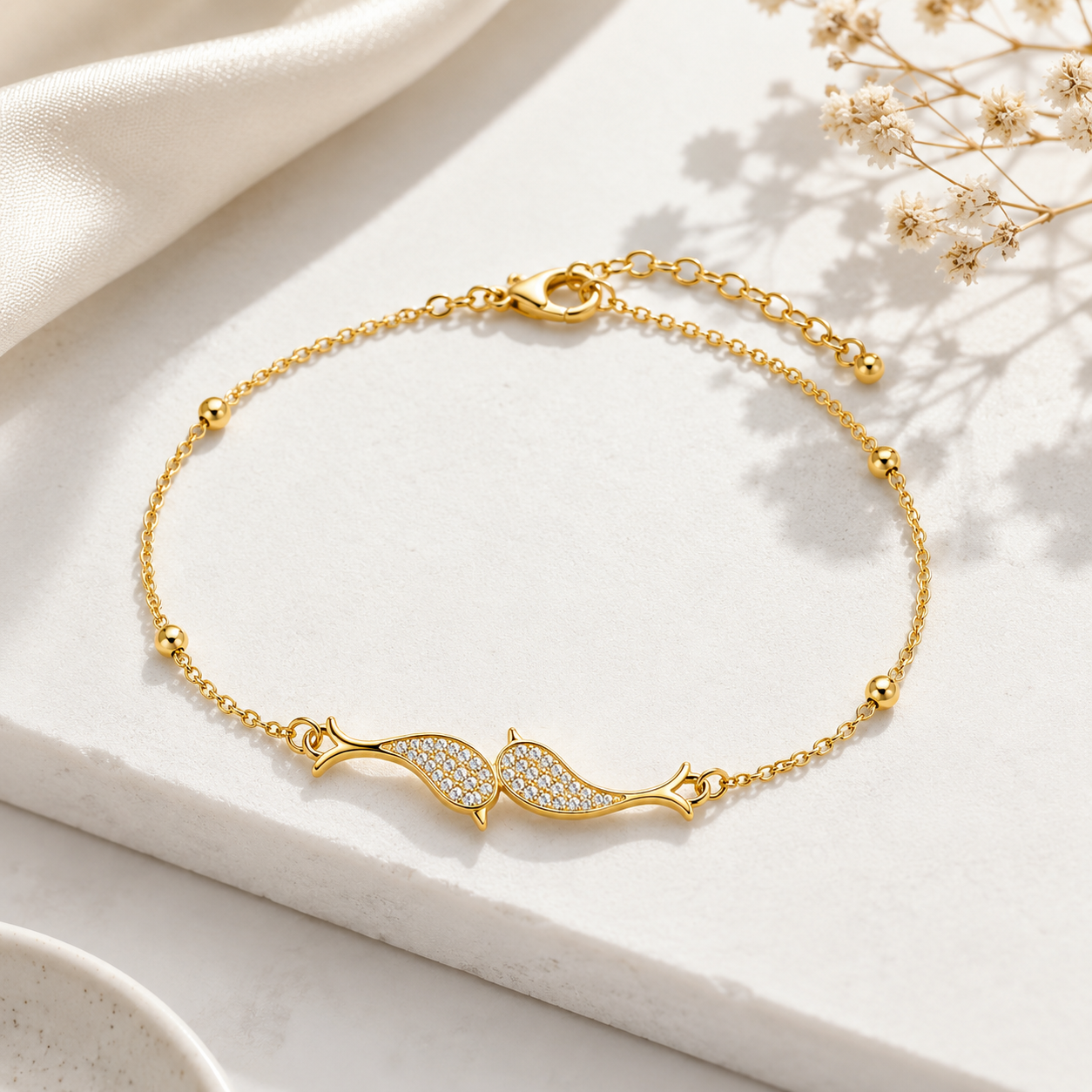 18k Gold Plated Double Fish / Dolphin Bracelet for Women – Anti-Tarnish Adjustable Chain