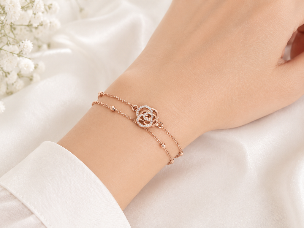 Rose Gold Plated Interlocking Circle Bracelet | Double Layer CZ Station Chain  Option 2 (SEO Friendly): Rose Gold F