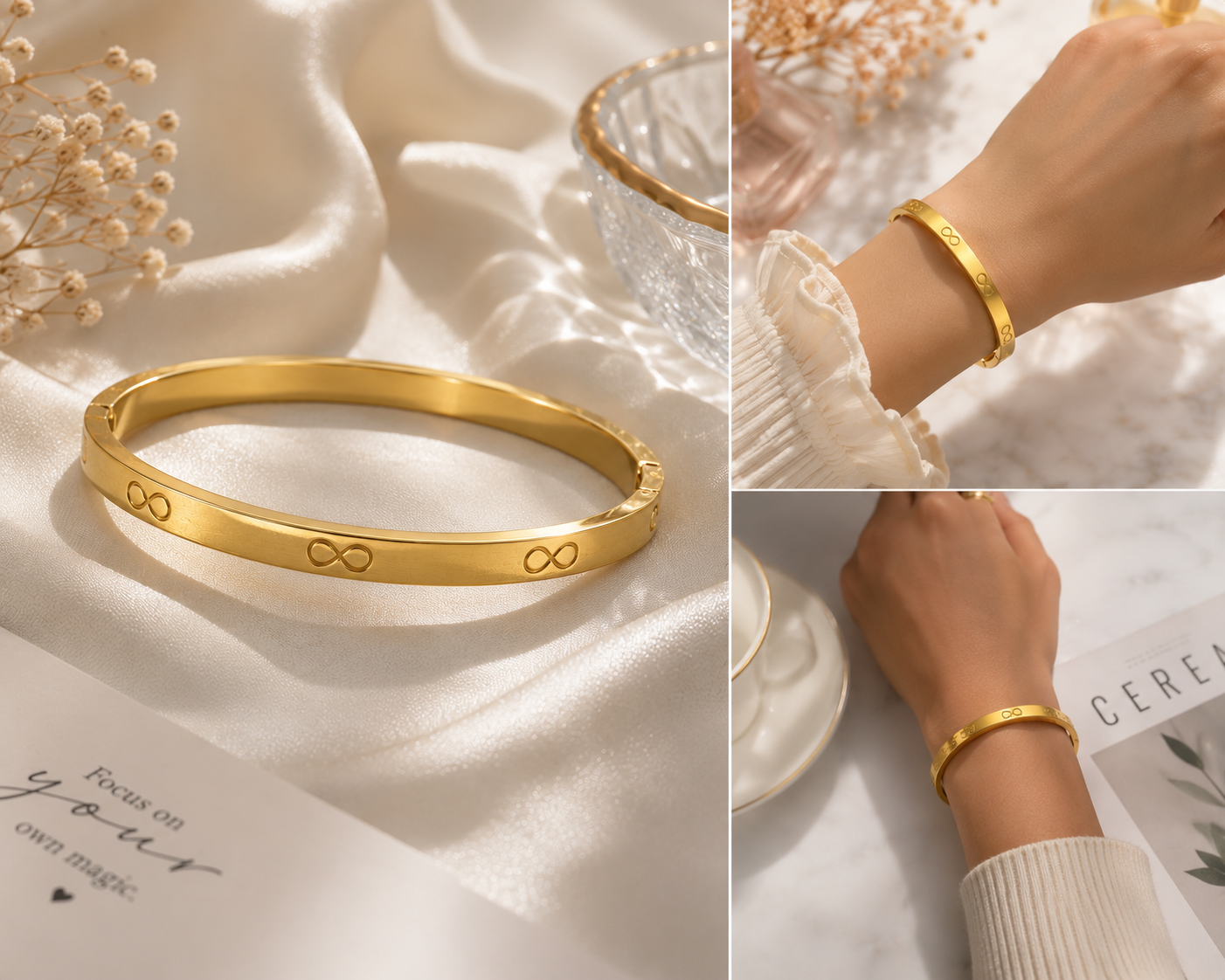 Set of 3 Gold Plated Infinity Motif Bangles | Minimalist Hinged Cuff Stack