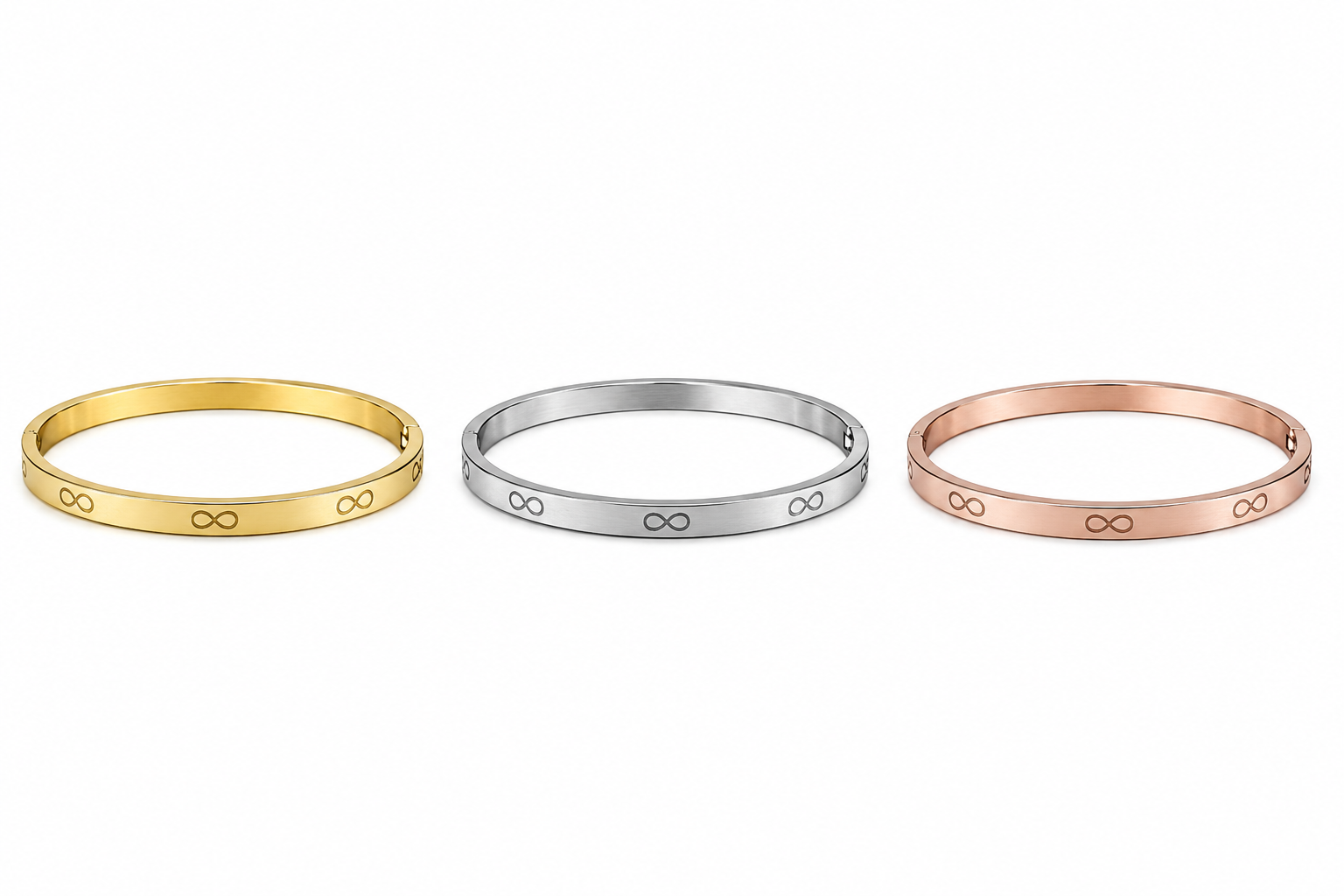 Set of 3 Gold Plated Infinity Motif Bangles | Minimalist Hinged Cuff Stack