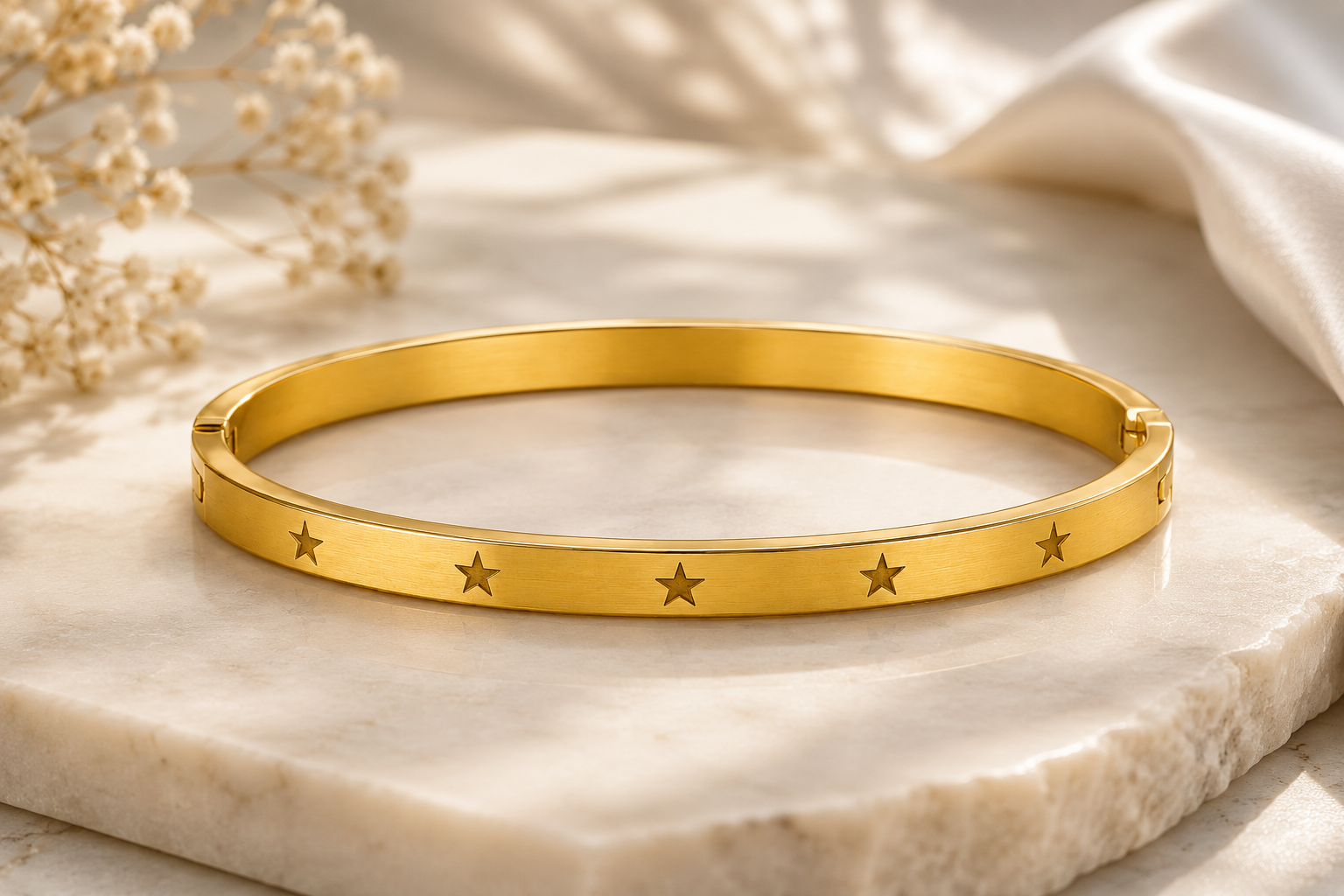 Gold Plated Celestial Star Bangle | Engraved Star Motif Hinged Cuff