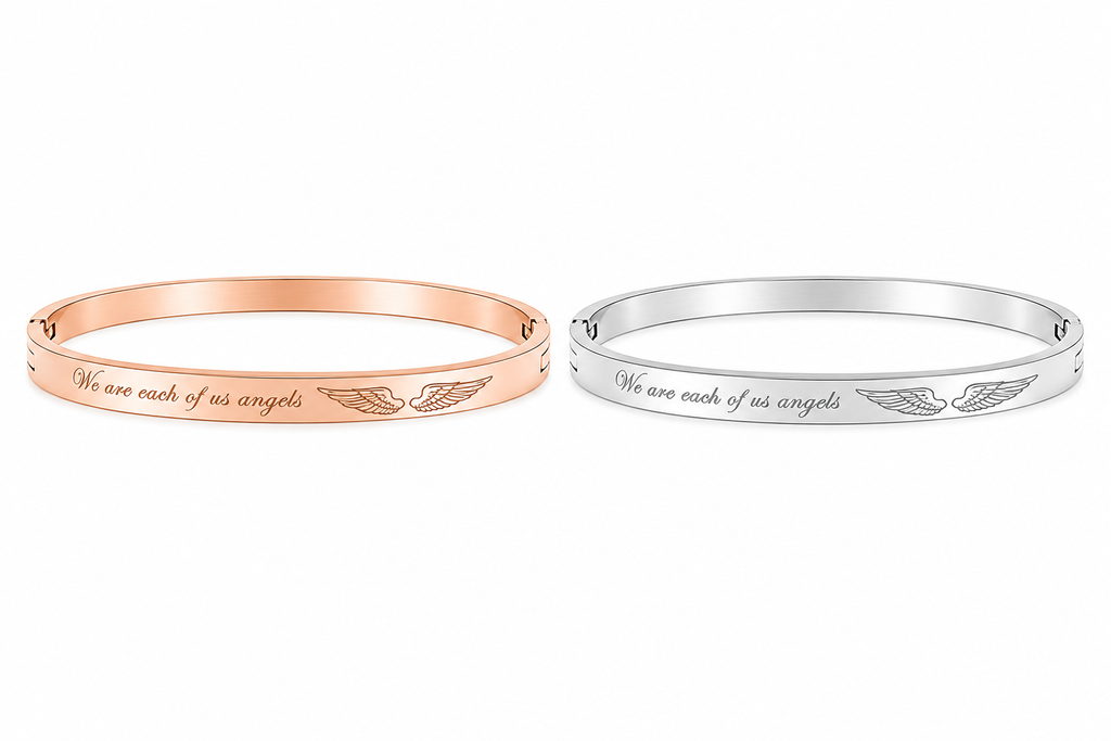 We Are Each Of Us Angels" Engraved Rose Gold Bangle | Angel Wings Quote Cuff