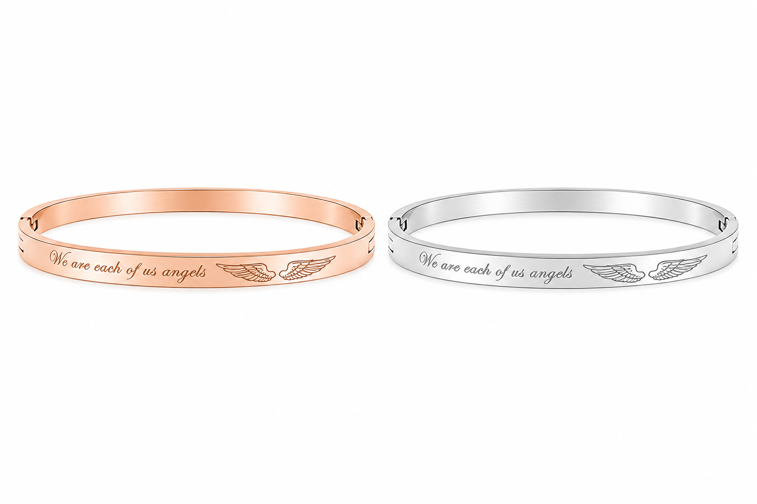 We Are Each Of Us Angels" Engraved Rose Gold Bangle | Angel Wings Quote Cuff