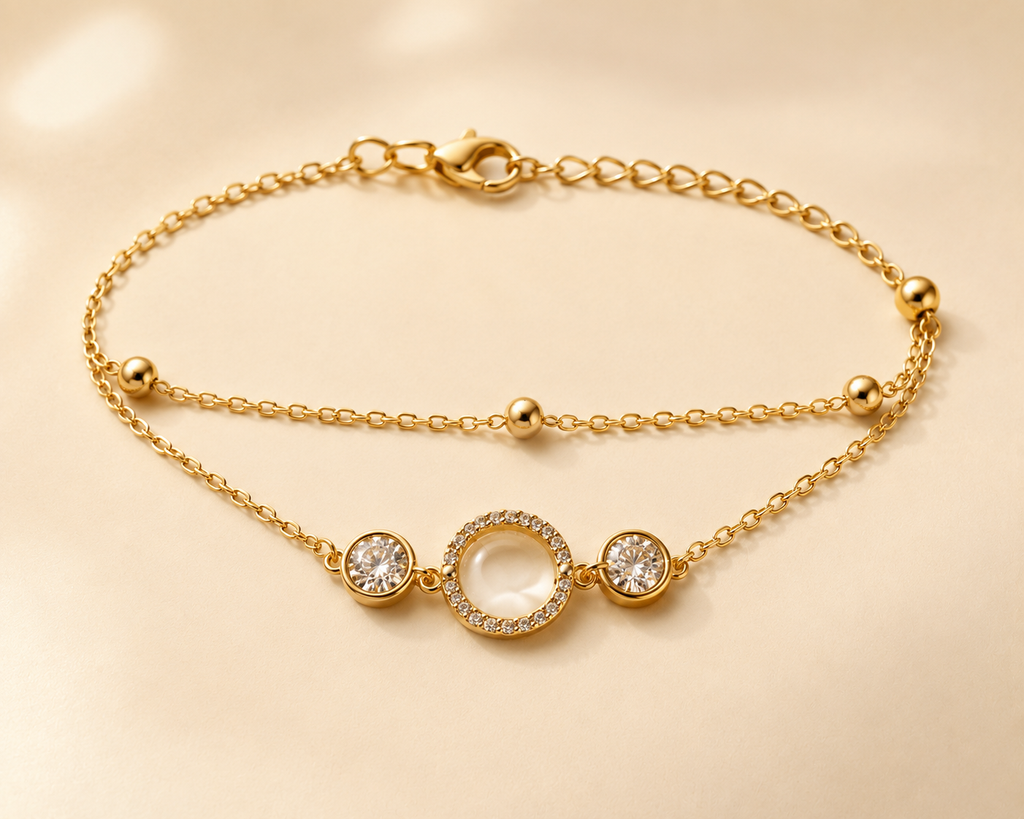 Gold Plated Double Layer Halo Circle Bracelet | Pavé CZ & Beaded Station Chain