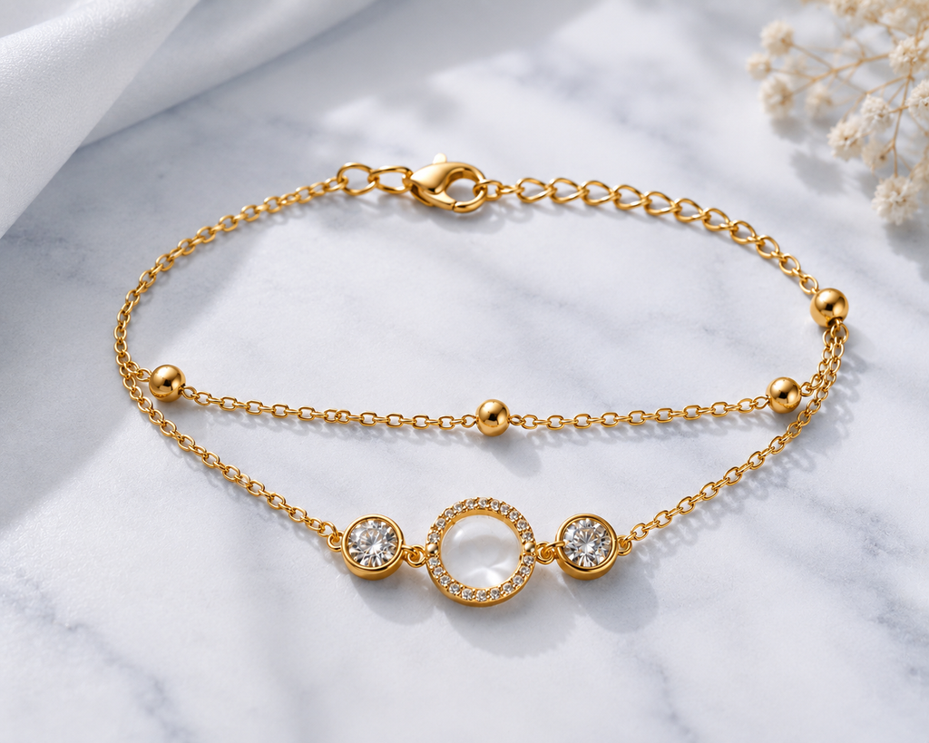 Gold Plated Double Layer Halo Circle Bracelet | Pavé CZ & Beaded Station Chain