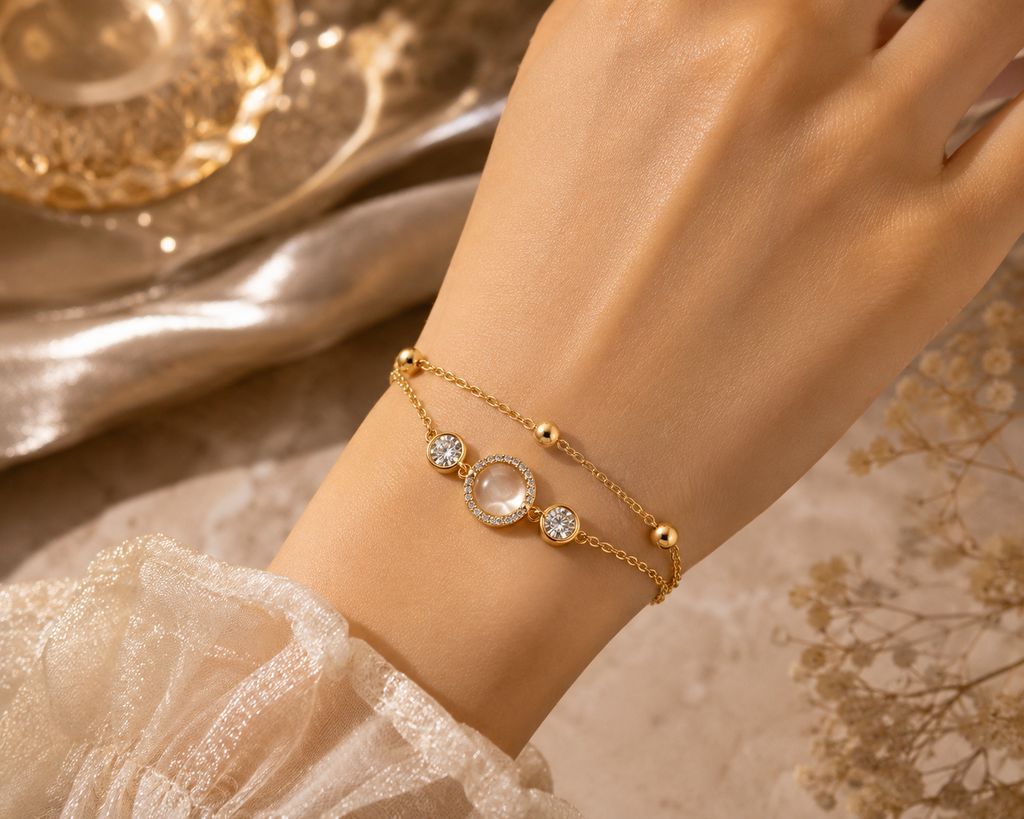 Gold Plated Double Layer Halo Circle Bracelet | Pavé CZ & Beaded Station Chain