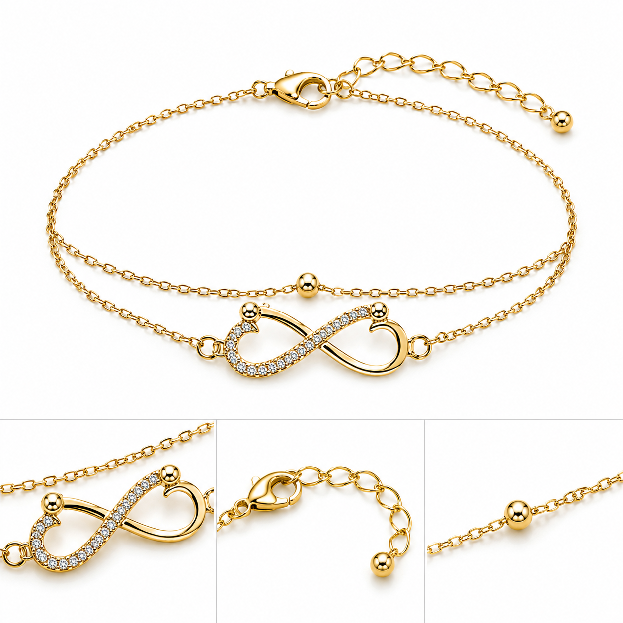 Double-Layer Gold Infinity Bracelet | Pavé CZ Crystal Layered Chain