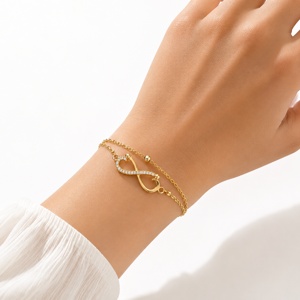 Double-Layer Gold Infinity Bracelet | Pavé CZ Crystal Layered Chain