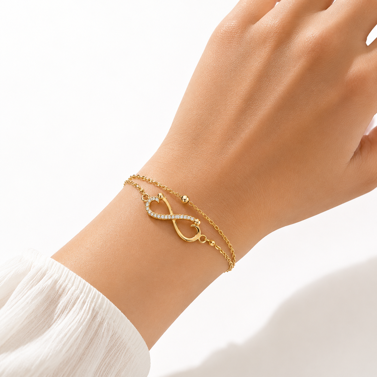 Double-Layer Gold Infinity Bracelet | Pavé CZ Crystal Layered Chain