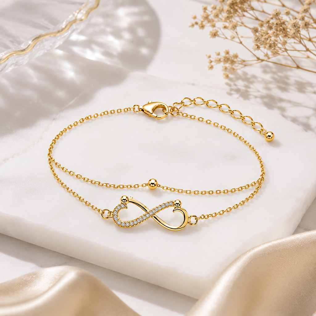Double-Layer Gold Infinity Bracelet | Pavé CZ Crystal Layered Chain
