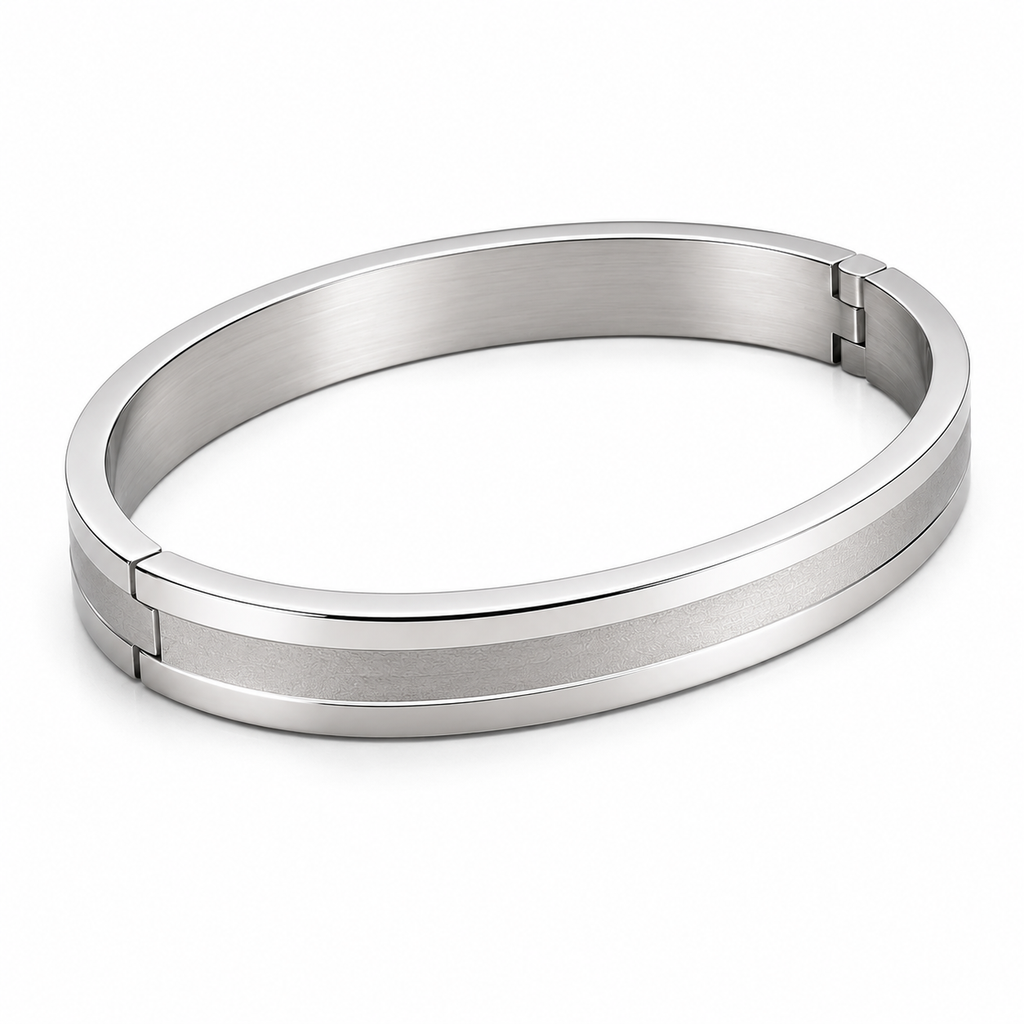 Sleek Silver Dual-Finish Bangle Bracelet | Matte & Polish Hinged Cuff