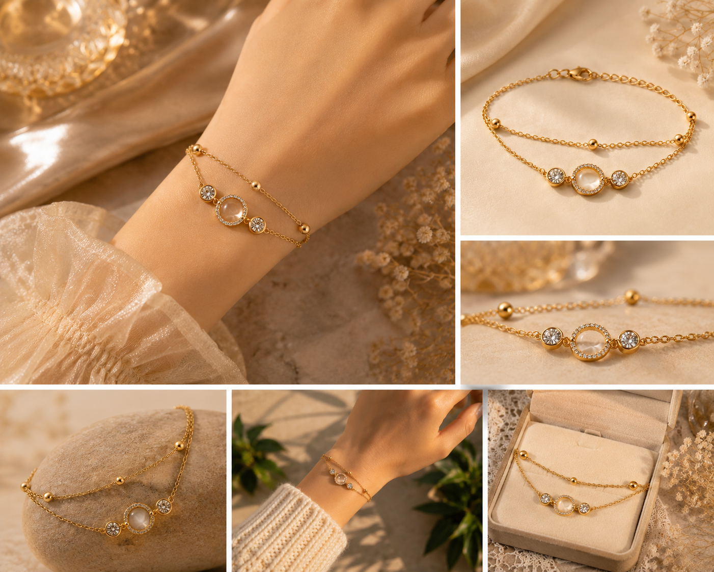 Gold Plated Double Layer Halo Circle Bracelet | Pavé CZ & Beaded Station Chain