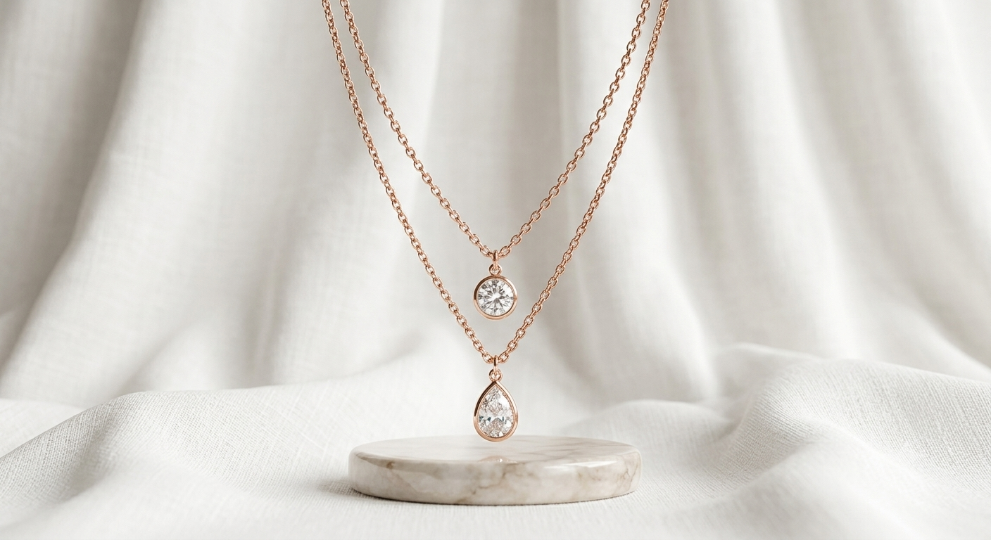 Dual-Layer Rose Gold Solitaire & Teardrop Crystal Necklace