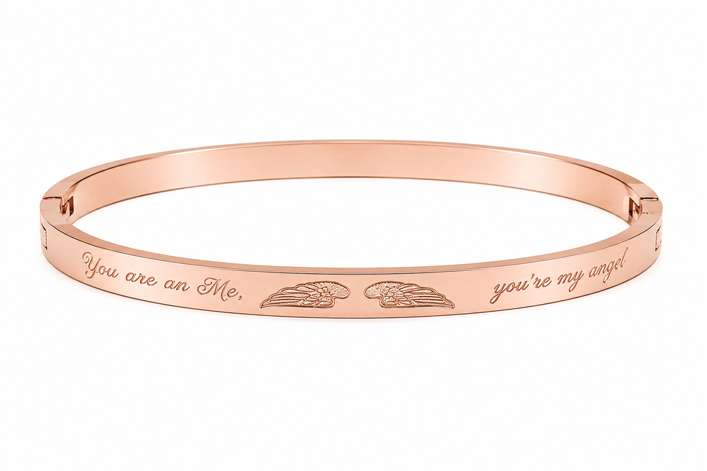 We Are Each Of Us Angels" Engraved Rose Gold Bangle | Angel Wings Quote Cuff